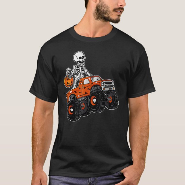Skeleton Riding Monster Truck Lazy Halloween Costu T Shirt (Framsida)