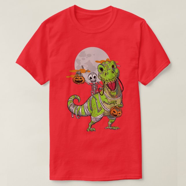 Skeleton Riding Mummy Dinosaur Funny Halloween Cos T Shirt (Design framsida)