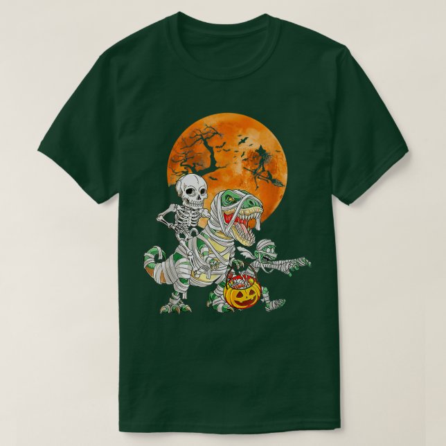 Skeleton Riding Mummy Dinosaur Funny Halloween Pum T Shirt (Design framsida)