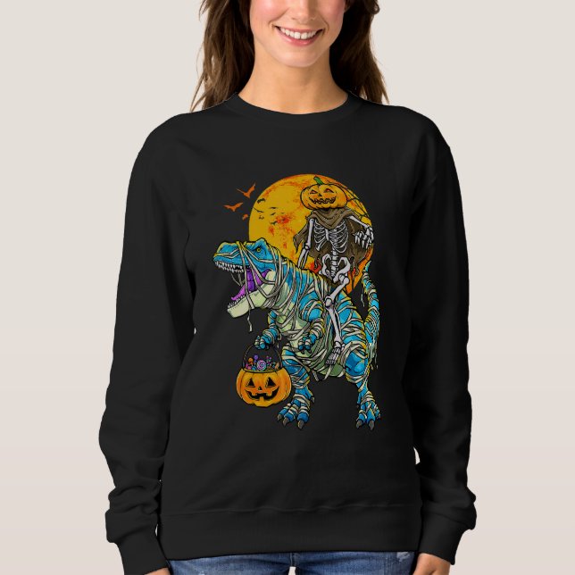 Skeleton Riding Mummy Dinosaur rex Halloween Kids T Shirt (Framsida)