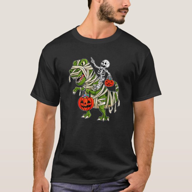 Skeleton Riding Mummy Dinosaur rex Halloween  Pump T Shirt (Framsida)