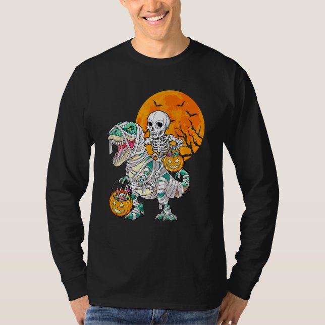 Skeleton Riding Mummy Dinosaur Rex Halloween  Pump T Shirt (Framsida)