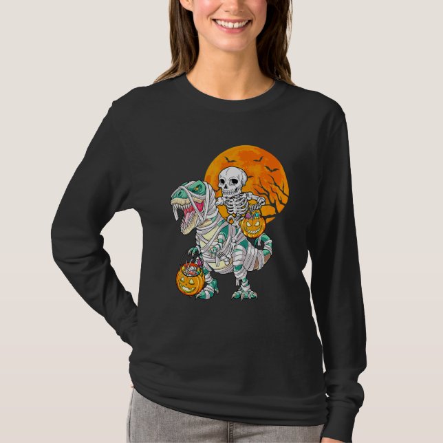Skeleton Riding Mummy Dinosaur Rex Halloween  Pump T Shirt (Framsida)