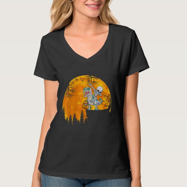 Skeleton Riding Mummy Dinosaur Rex Halloween  Pump T Shirt (Framsida)