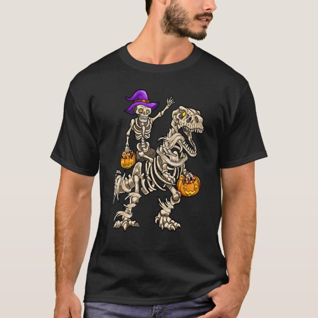 Skeleton Riding Mummy Dinosaur rex Halloween Pump T Shirt (Framsida)