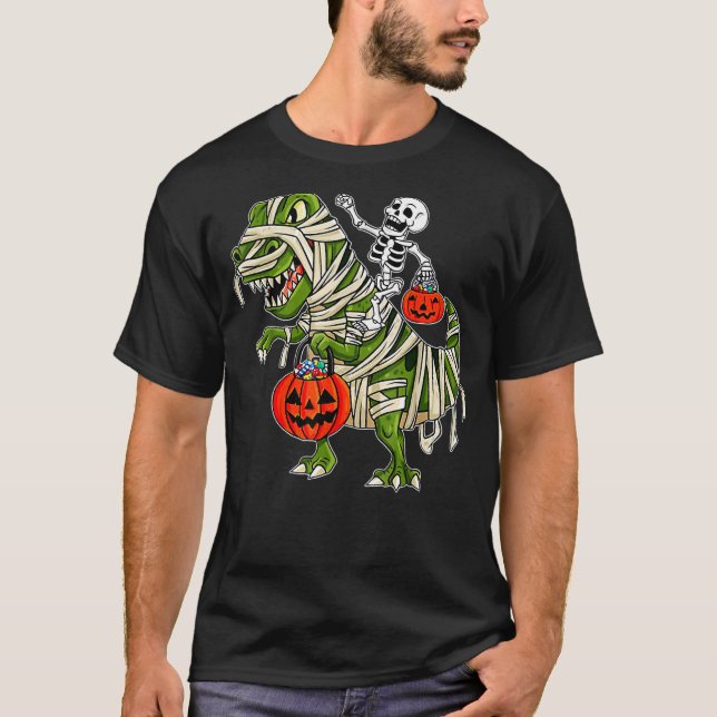 Skeleton Riding Mummy Dinosaur rex Halloween  Pump T Shirt (Framsida)
