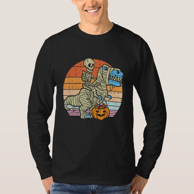 Skeleton Riding Mummy Dinosaur rex Halloween  Pump T Shirt (Framsida)