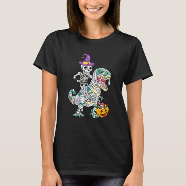 Skeleton Riding Mummy Dinosaur Rex Halloween  Pump T Shirt (Framsida)