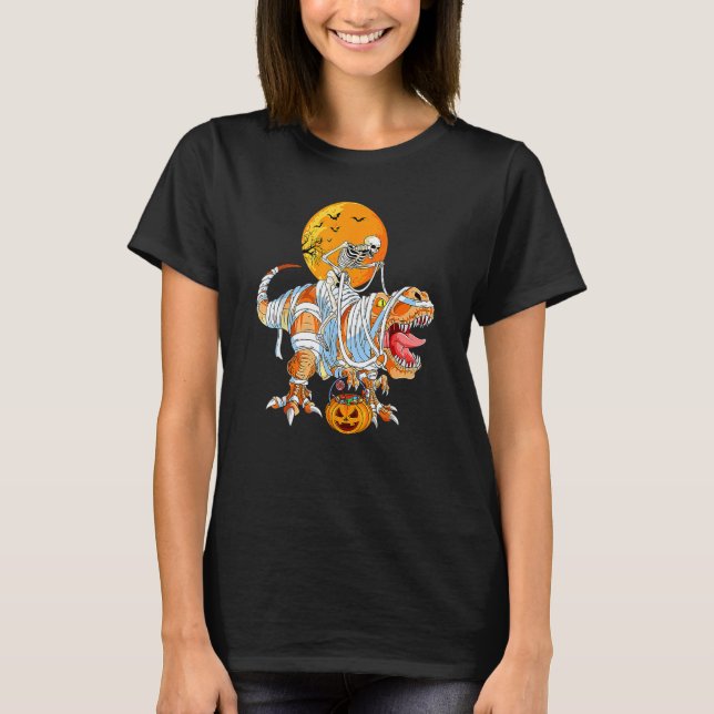Skeleton Riding Mummy Dinosaur Rex Halloween  Pump T Shirt (Framsida)