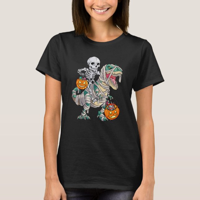 Skeleton Riding Mummy Dinosaur rex Halloween  Pump T Shirt (Framsida)