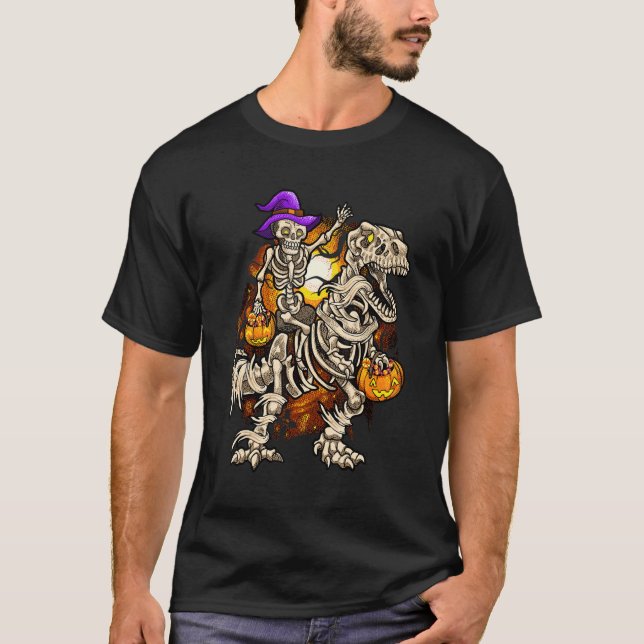 Skeleton Riding Mummy Dinosaur rex Halloween Pump T Shirt (Framsida)