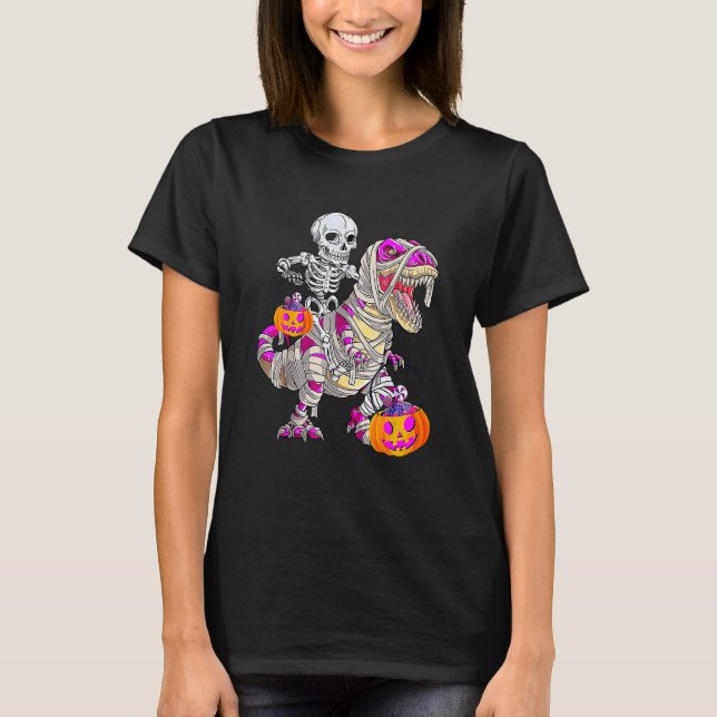 Skeleton Riding Mummy Dinosaur Rex Halloween  Pump T Shirt (Framsida)