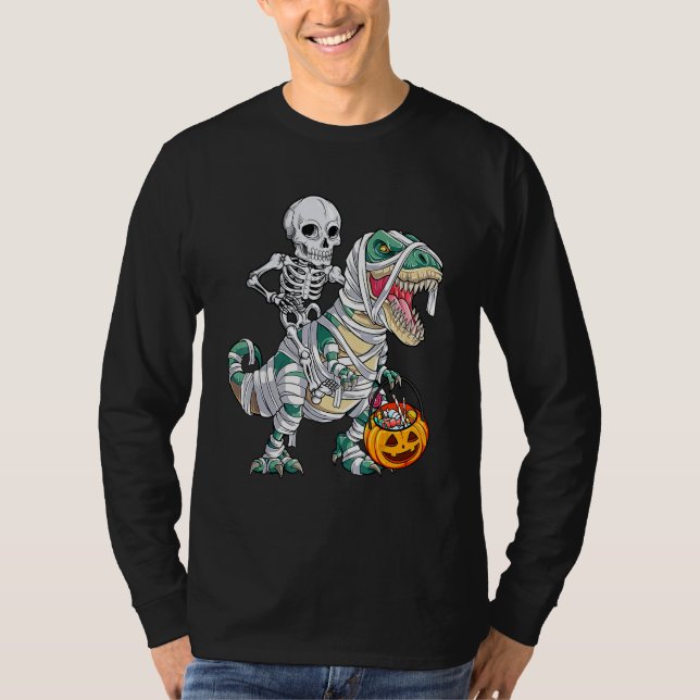 Skeleton Riding Mummy Dinosaur rex Halloween  Pump T Shirt (Framsida)