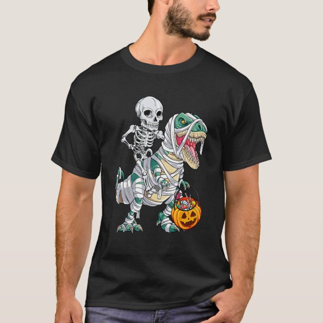 Skeleton Riding Mummy Dinosaur rex Halloween  Pump T Shirt (Framsida)