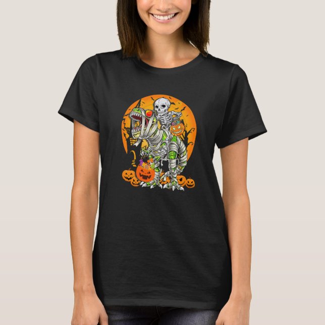 Skeleton Riding Mummy Dinosaur rex Halloween  Pump T Shirt (Framsida)