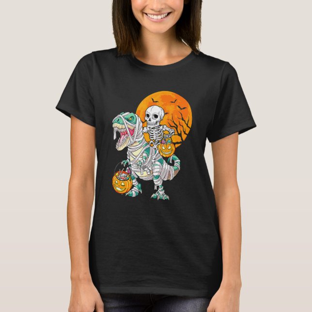 Skeleton Riding Mummy Dinosaur Rex Halloween  Pump T Shirt (Framsida)