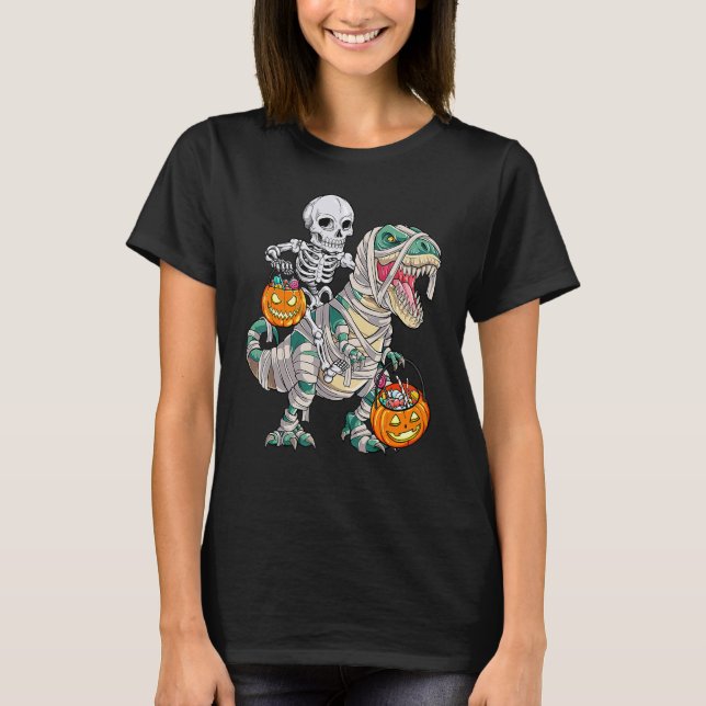 Skeleton Riding Mummy Dinosaur Rex Halloween Pump T Shirt (Framsida)