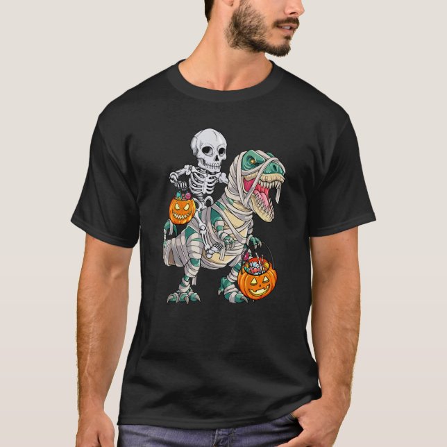 Skeleton Riding Mummy Dinosaur rex Halloween  Pump T Shirt (Framsida)