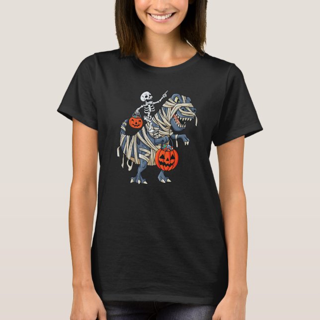 Skeleton Riding Mummy Dinosaur Rex Pumpkin Hallowe T Shirt (Framsida)