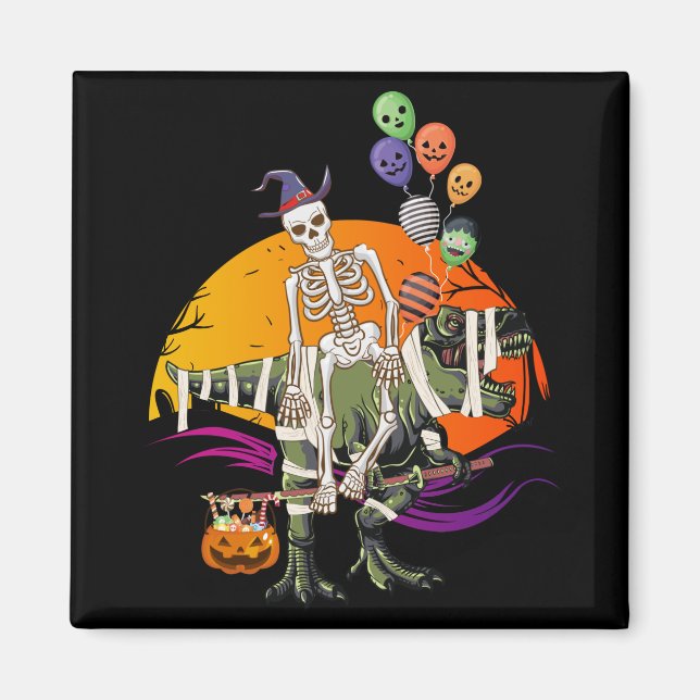 Skeleton Riding Mummy Dinosaur Square Magnet (Framsidan)
