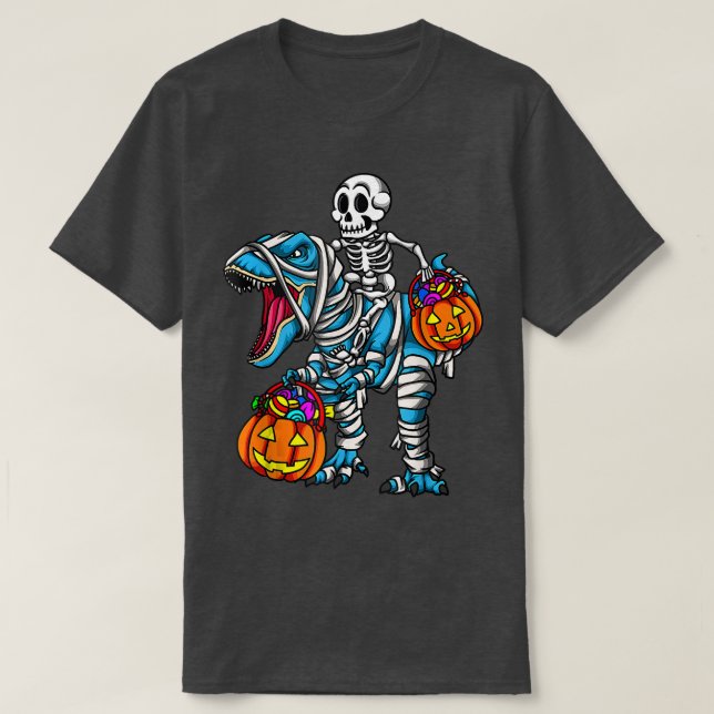 Skeleton Riding Mummy Dinosaur T Re Halloween Pump Shirt (Design framsida)