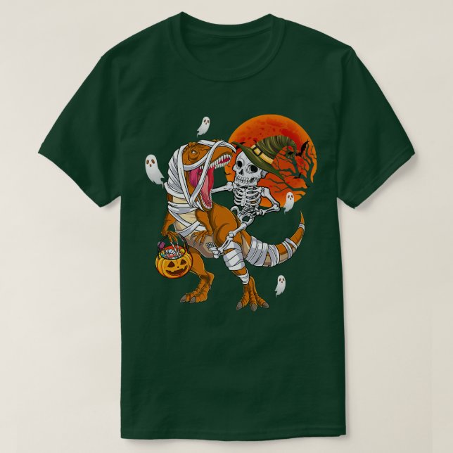 Skeleton Riding Mummy Dinosaur T rex Funny Hallowe Shirt (Design framsida)