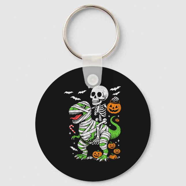 Skeleton Riding Mummy Dinosaur T Rex Halloween Boy Nyckelring (Framsida)