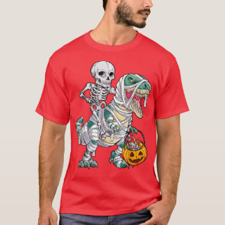 Skeleton Riding Mummy Dinosaur T Rex Halloween Boy Shirt