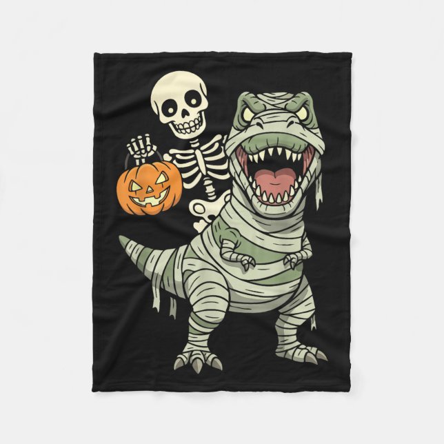 Skeleton Riding Mummy Dinosaur T Rex Halloween Fun Fleecefilt (Framsidan)