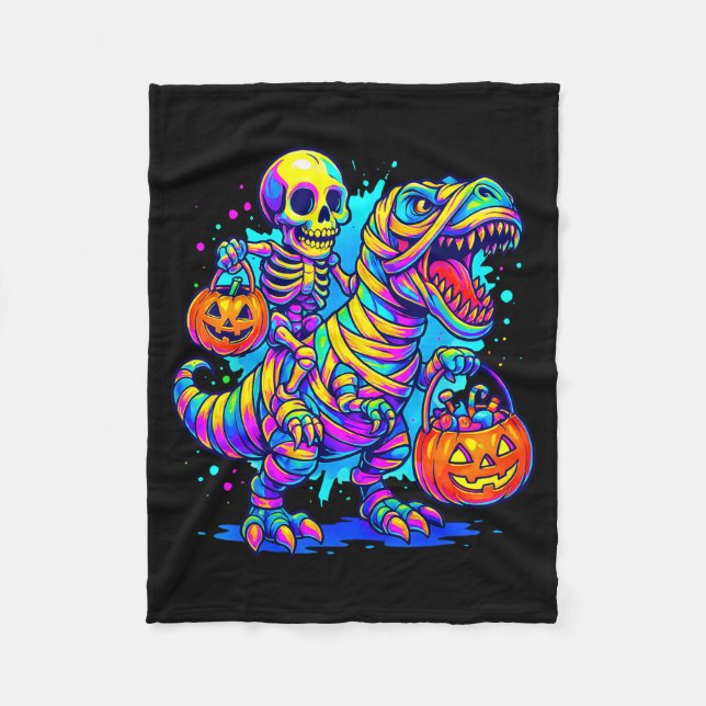 Skeleton Riding Mummy Dinosaur T Rex Halloween Fun Fleecefilt (Framsidan)