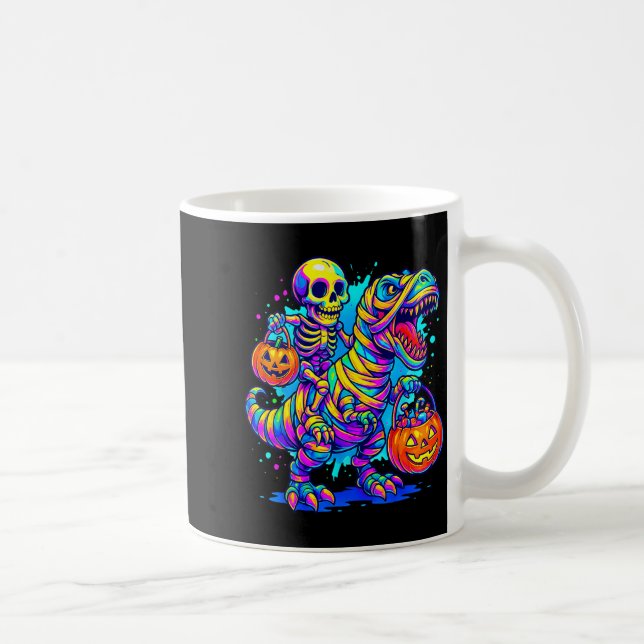 Skeleton Riding Mummy Dinosaur T Rex Halloween Fun Kaffemugg (Höger)
