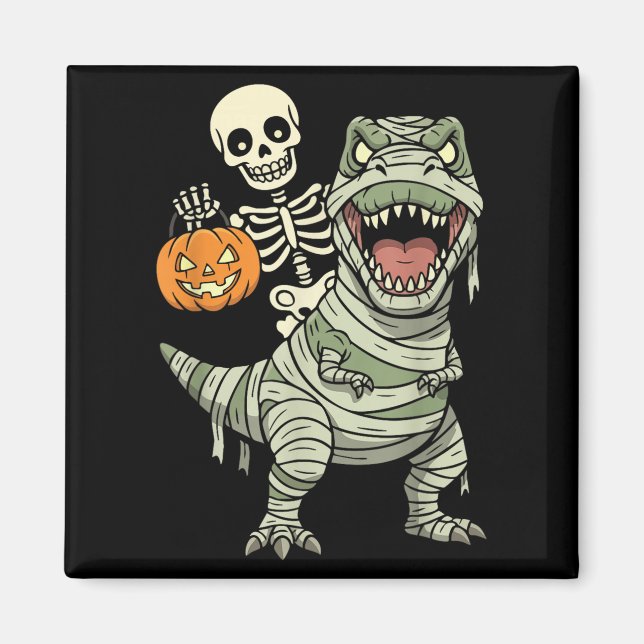 Skeleton Riding Mummy Dinosaur T Rex Halloween Fun Magnet (Framsidan)