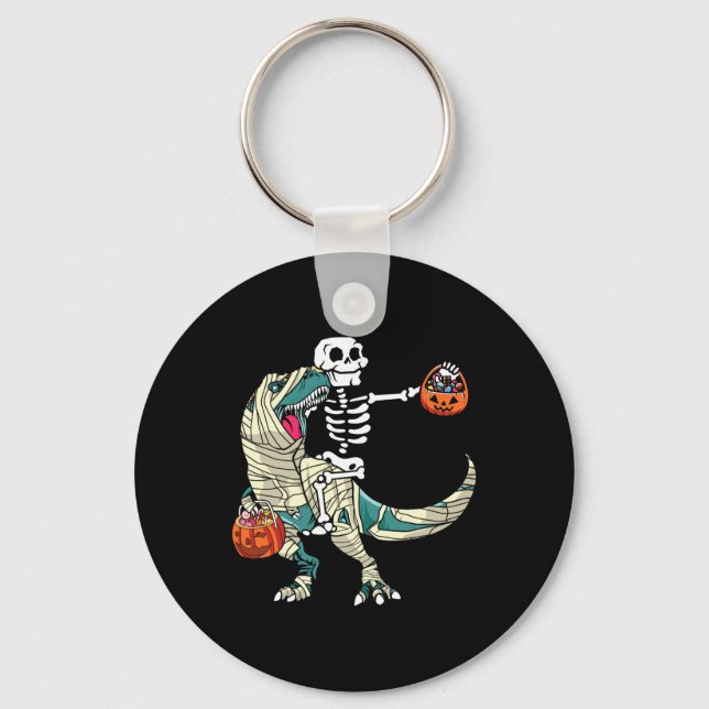 Skeleton Riding Mummy Dinosaur T Rex Halloween Fun Nyckelring (Framsida)