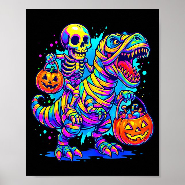 Skeleton Riding Mummy Dinosaur T Rex Halloween Fun Poster (Framsidan)