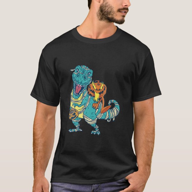 Skeleton Riding Mummy Dinosaur T Rex Halloween Fun Shirt (Framsida)