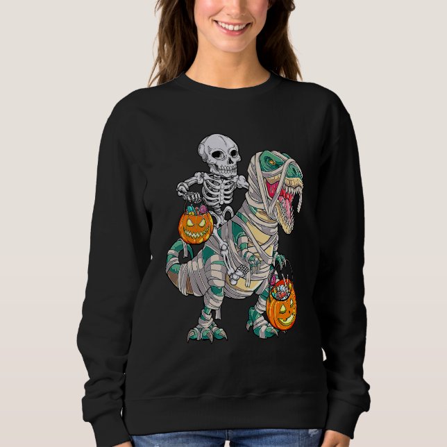Skeleton Riding Mummy Dinosaur T Rex Halloween Fun T Shirt (Framsida)
