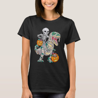 Skeleton Riding Mummy Dinosaur T Rex Halloween Fun T Shirt