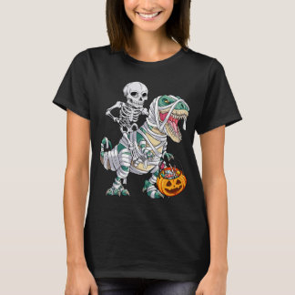 Skeleton Riding Mummy Dinosaur t rex Halloween Kid Shirt