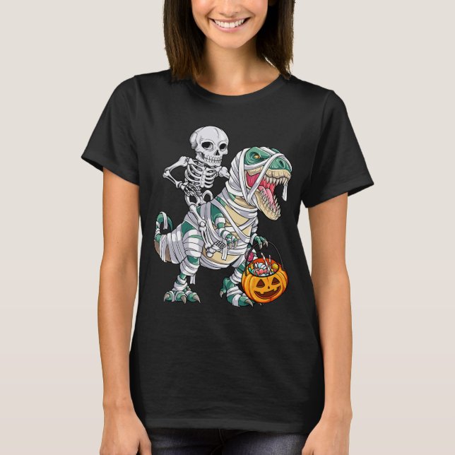 Skeleton Riding Mummy Dinosaur t rex Halloween Kid Shirt (Framsida)