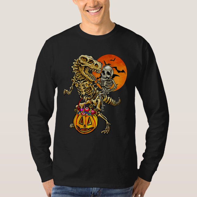Skeleton Riding Mummy Dinosaur t Rex Halloween Kid Shirt (Framsida)