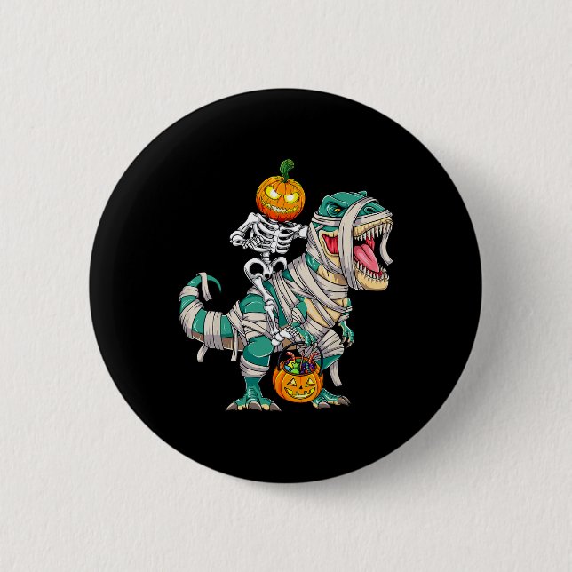 Skeleton Riding Mummy Dinosaur T rex Halloween Pum Knapp (Framsida)