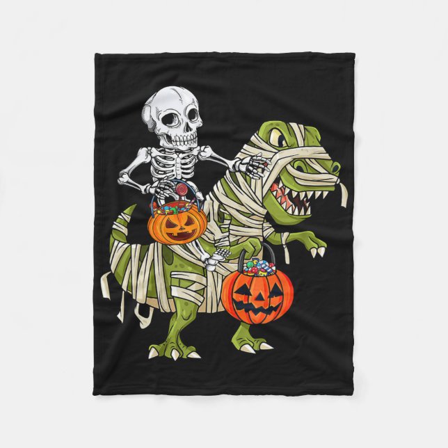 Skeleton Riding Mummy Dinosaur T Rex Halloween Rol Fleecefilt (Framsidan)