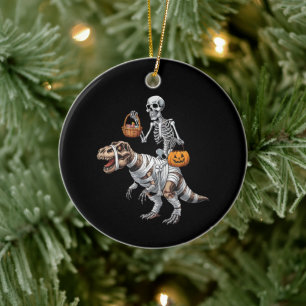 Skeleton Riding Mummy Dinosaur T rex Halloween Rol Julgransprydnad Keramik