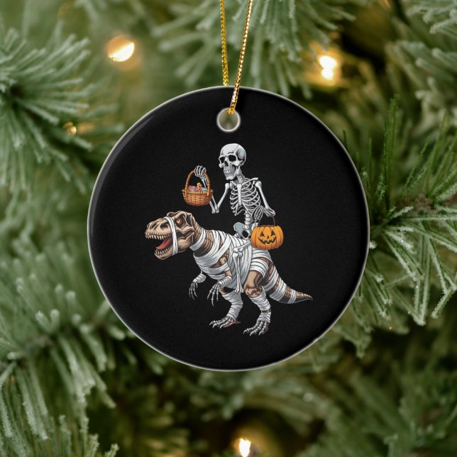 Skeleton Riding Mummy Dinosaur T rex Halloween Rol Julgransprydnad Keramik (Träd)