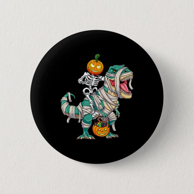 Skeleton Riding Mummy Dinosaur T rex Halloween Rol Knapp (Framsida)