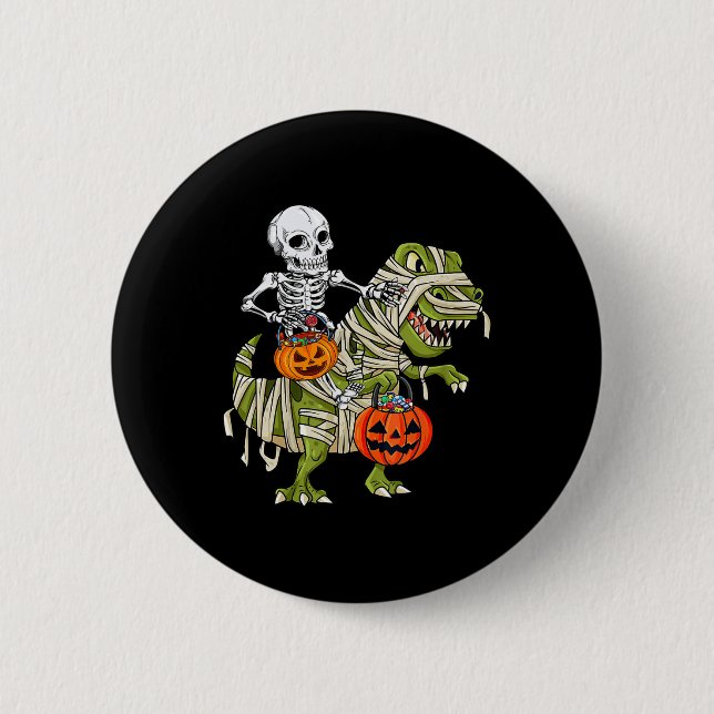 Skeleton Riding Mummy Dinosaur T rex Halloween Rol Knapp (Framsida)