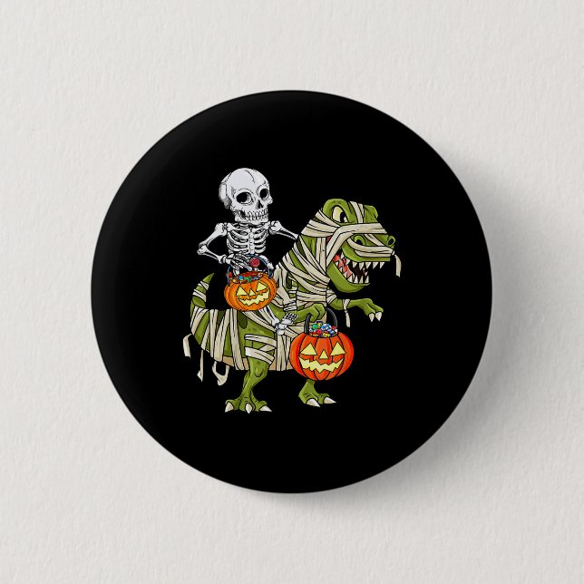 Skeleton Riding Mummy Dinosaur T rex Halloween Rol Knapp (Framsida)