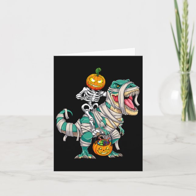 Skeleton Riding Mummy Dinosaur T Rex Halloween Rol Kort (Framsida)