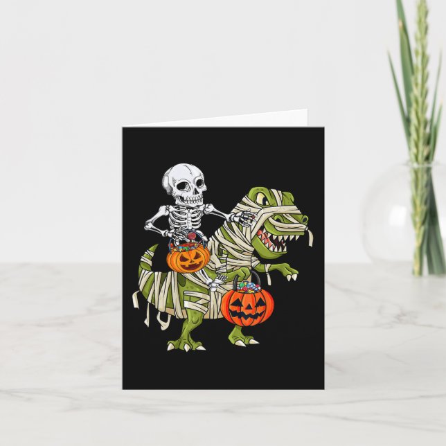 Skeleton Riding Mummy Dinosaur T rex Halloween Rol Kort (Framsida)