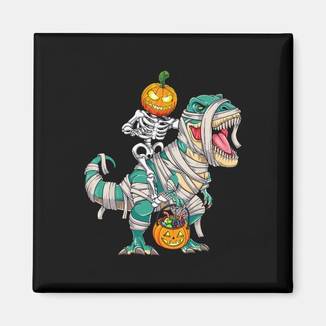 Skeleton Riding Mummy Dinosaur T rex Halloween Rol Magnet (Framsidan)